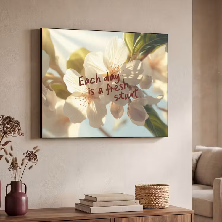 Bloesems - Zonlicht - Quote - Wit Textielframe - compleet frame klein -sfeer3