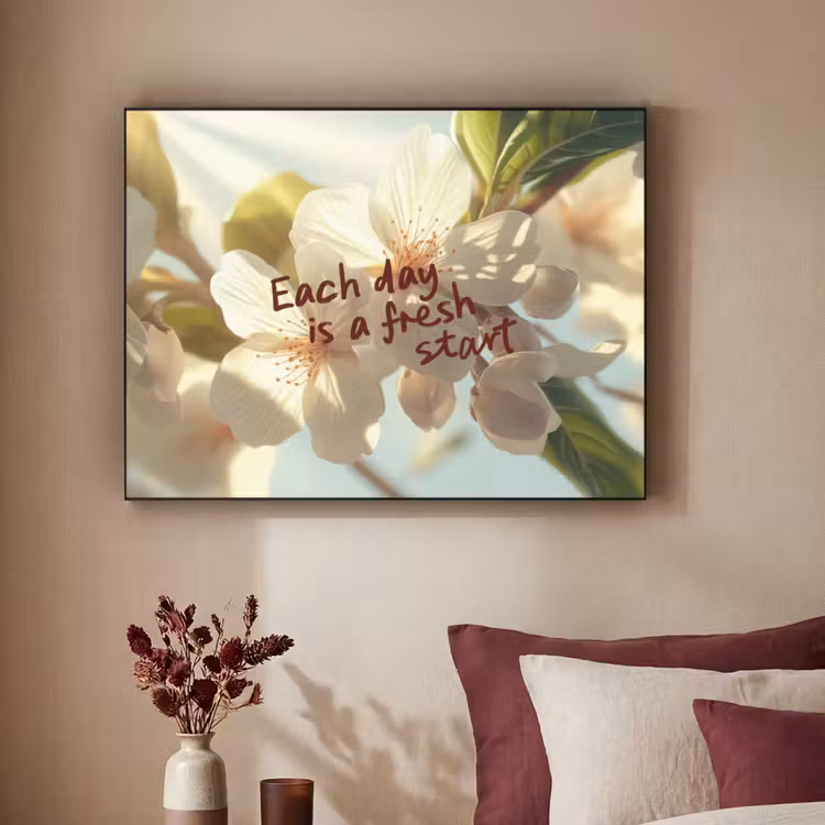 Bloesems - Zonlicht - Quote - Wit Textielframe zwart klein -sfeer1