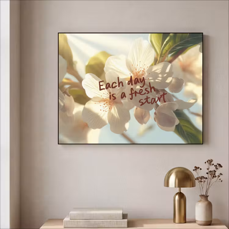 Bloesems - Zonlicht - Quote - Wit Textielframe zwart klein -sfeer2