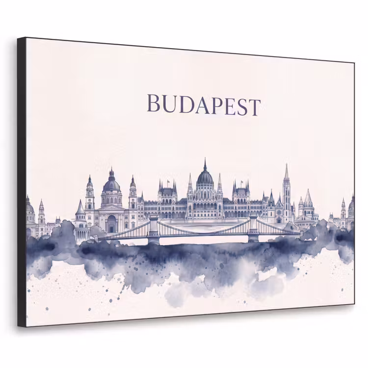 Boedapest - Skyline - Architectuur - Aquarel - Blauw Textielframe zwart klein -3d
