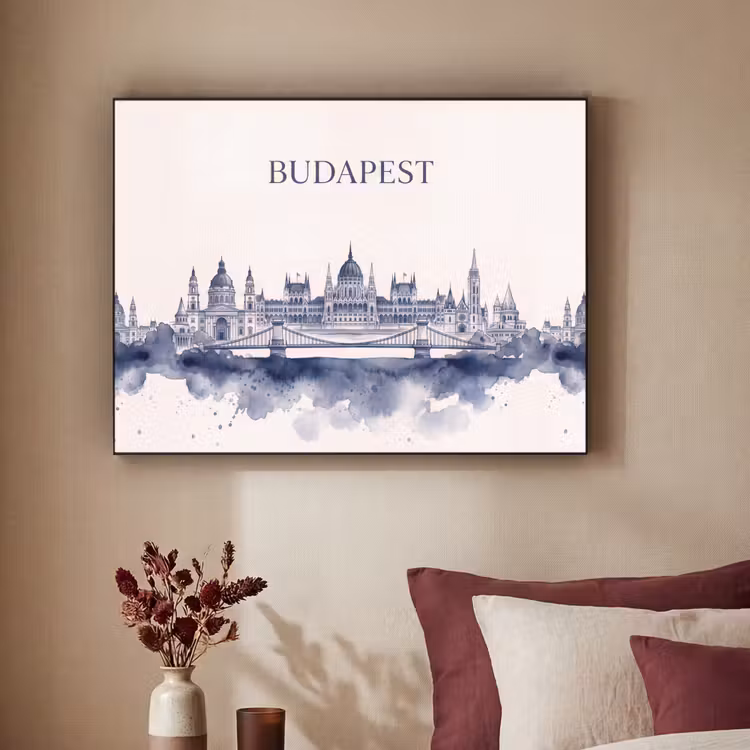 Boedapest - Skyline - Architectuur - Aquarel - Blauw Textielframe zwart klein -sfeer1