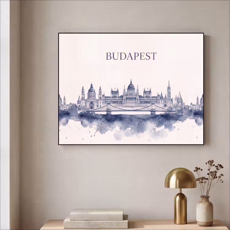 Boedapest - Skyline - Architectuur - Aquarel - Blauw Textielframe zwart klein -sfeer2