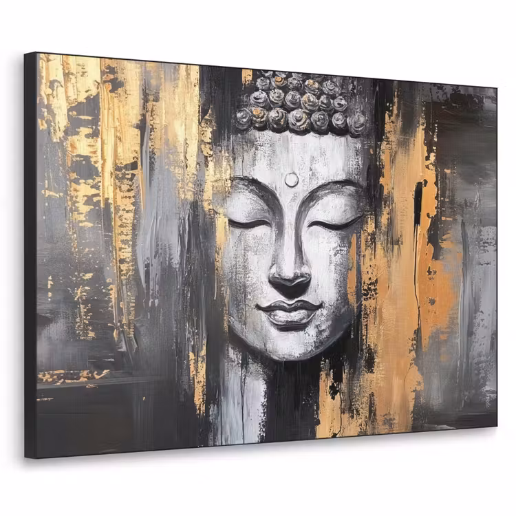 Boedhha - Penseelstreken - Goud - Abstract Textielframe - compleet frame klein -3d