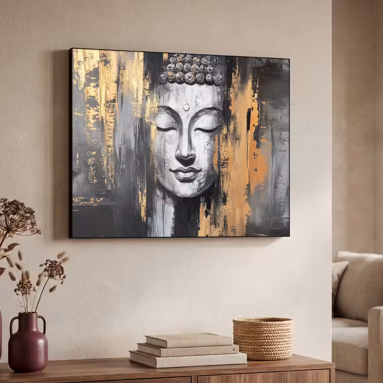 Boedhha - Penseelstreken - Goud - Abstract Textielframe zwart klein -sfeer3