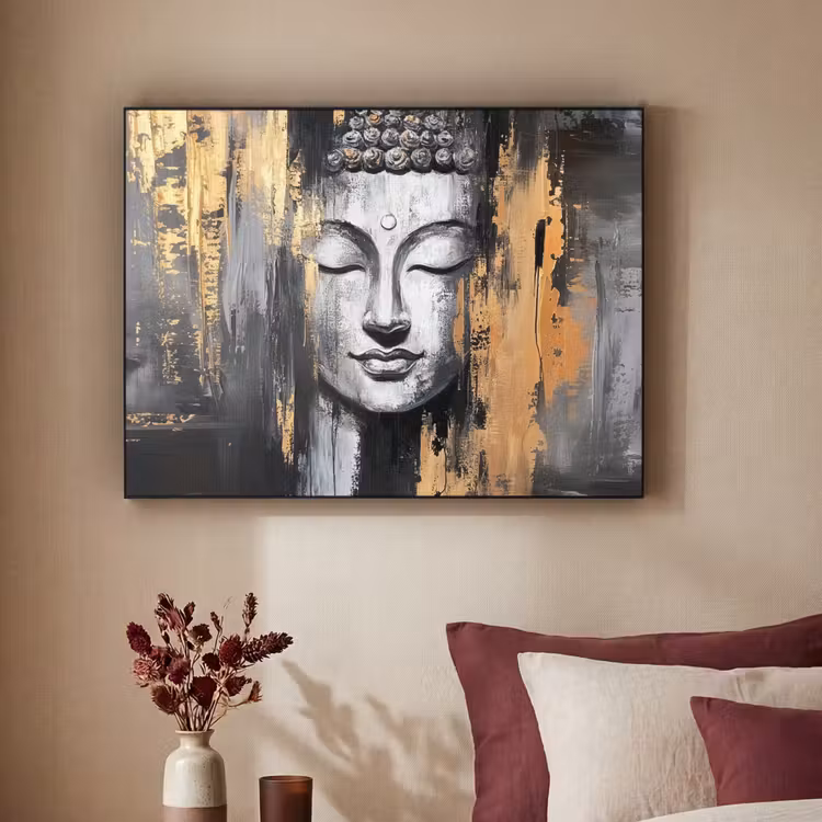 Boedhha - Penseelstreken - Goud - Abstract Textielframe - compleet frame klein -sfeer1