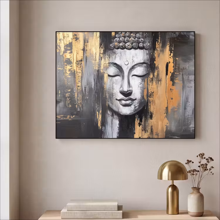 Boedhha - Penseelstreken - Goud - Abstract Textielframe zwart klein -sfeer2