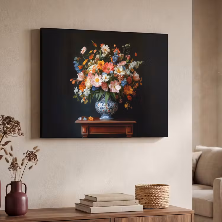 Boeket - Roze - Bloemen - Vaas Textielframe - compleet frame klein -sfeer3