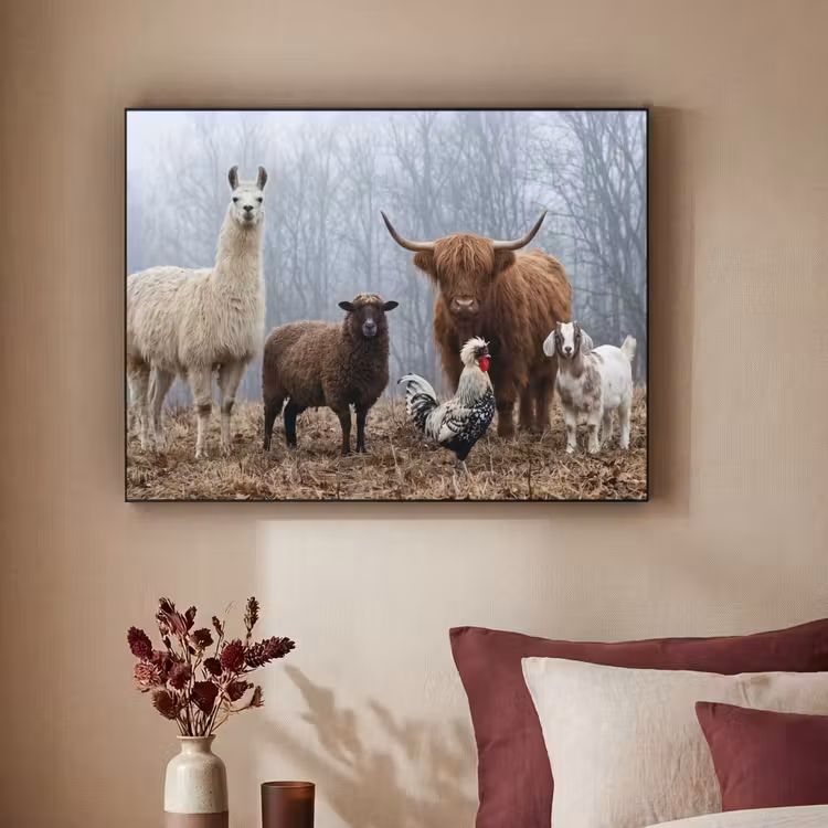 Boerderijdieren - Groep - Mist - Natuur - Rustiek Textielframe zwart klein -sfeer1