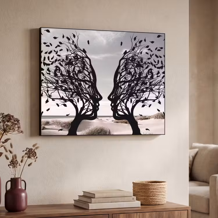 Bomen - Gezicht - Bladeren - Moderne kunst Textielframe - compleet frame klein -sfeer3