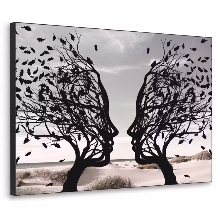 Bomen - Gezicht - Bladeren - Moderne kunst Textielframe zwart klein -3d