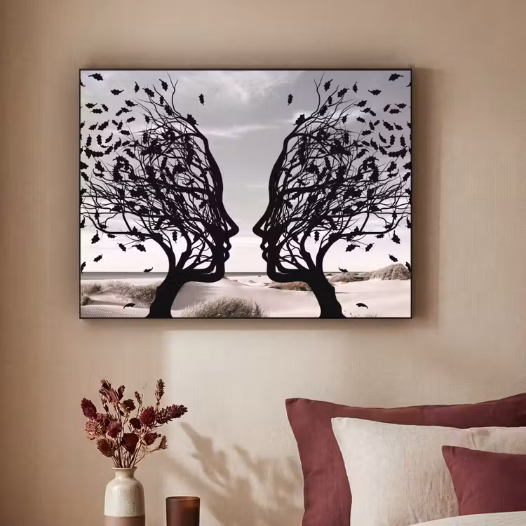 Bomen - Gezicht - Bladeren - Moderne kunst Textielframe - compleet frame klein -sfeer1