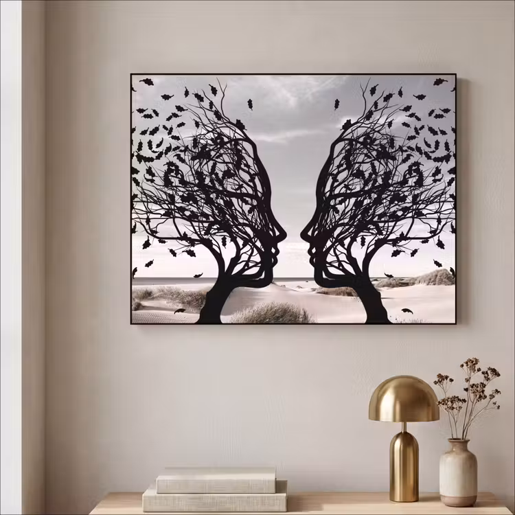 Bomen - Gezicht - Bladeren - Moderne kunst Textielframe - compleet frame klein -sfeer2