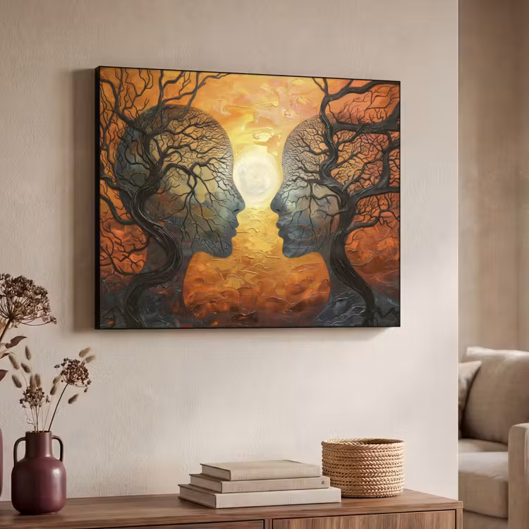 Bomen - Gezichten - Zon - Kunst Textielframe - compleet frame klein -sfeer3