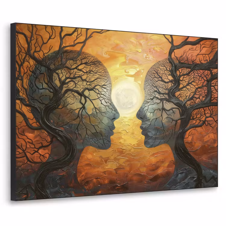 Bomen - Gezichten - Zon - Kunst Textielframe zwart klein -3d