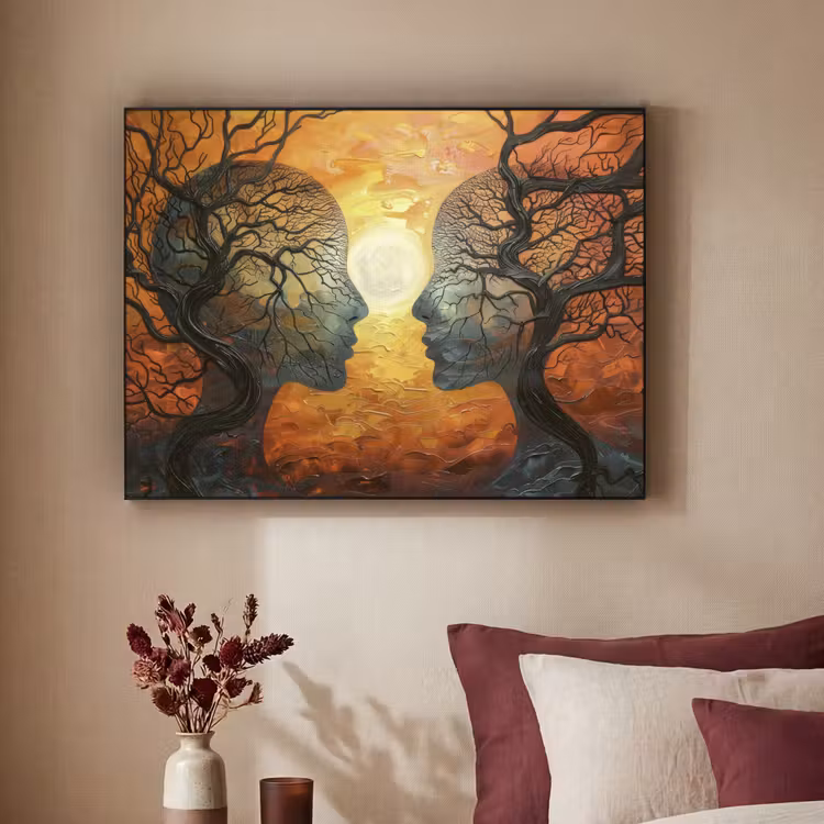 Bomen - Gezichten - Zon - Kunst Textielframe - compleet frame klein -sfeer1