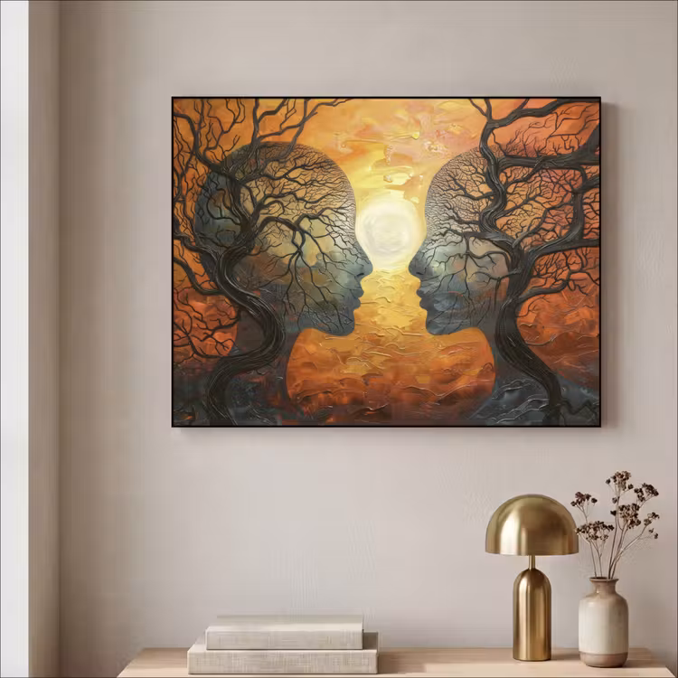 Bomen - Gezichten - Zon - Kunst Textielframe - compleet frame klein -sfeer2