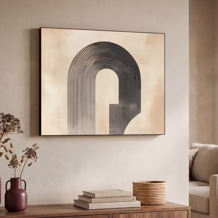 Boog -  Strepen - Minimalistisch - Zwart Textielframe - compleet frame klein -sfeer3