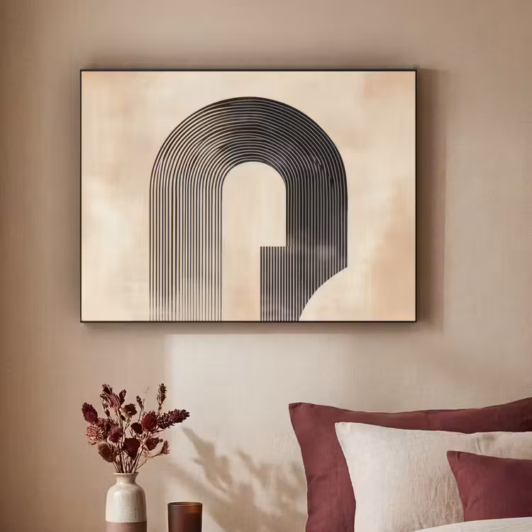 Boog -  Strepen - Minimalistisch - Zwart Textielframe - compleet frame klein -sfeer1