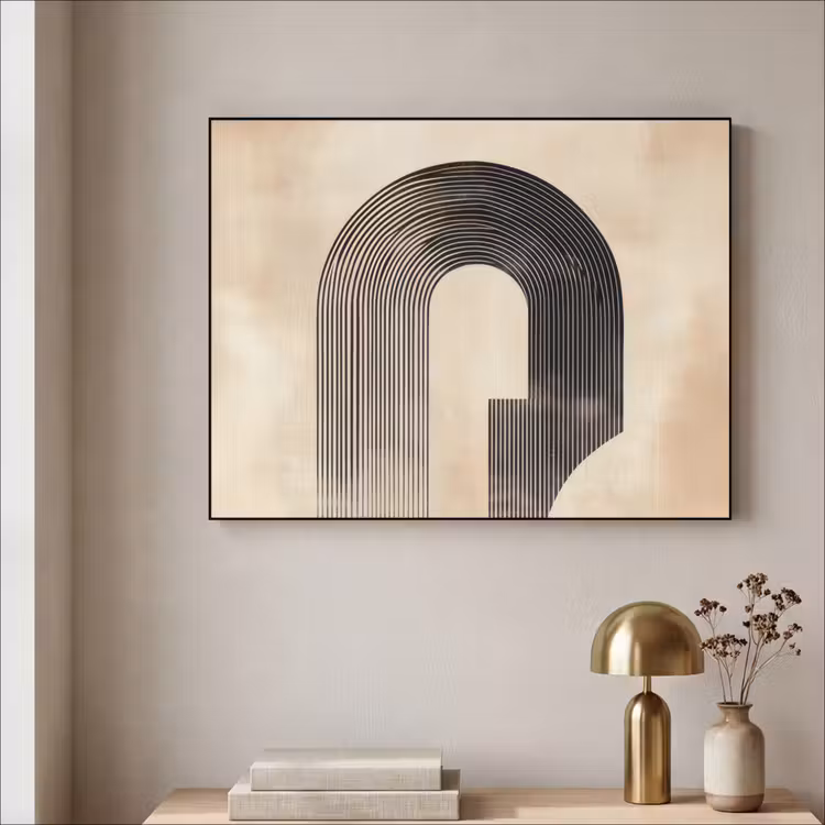 Boog -  Strepen - Minimalistisch - Zwart Textielframe - compleet frame klein -sfeer2