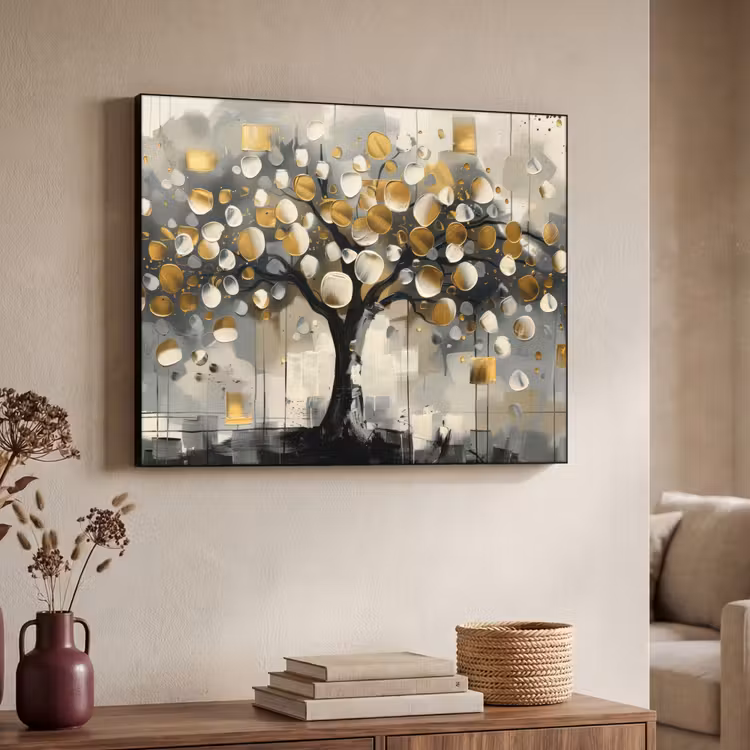 Boom - Abstract - Beige - Goud - Zwart Textielframe - compleet frame klein -sfeer3