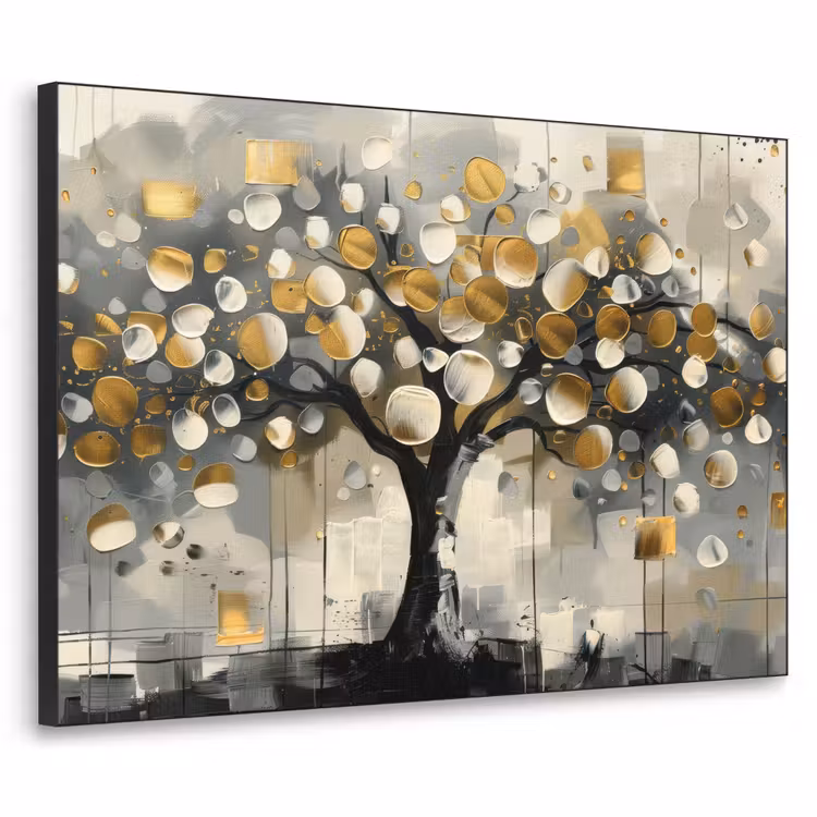 Boom - Abstract - Beige - Goud - Zwart Textielframe zwart klein -3d