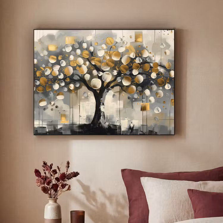 Boom - Abstract - Beige - Goud - Zwart Textielframe zwart klein -sfeer1