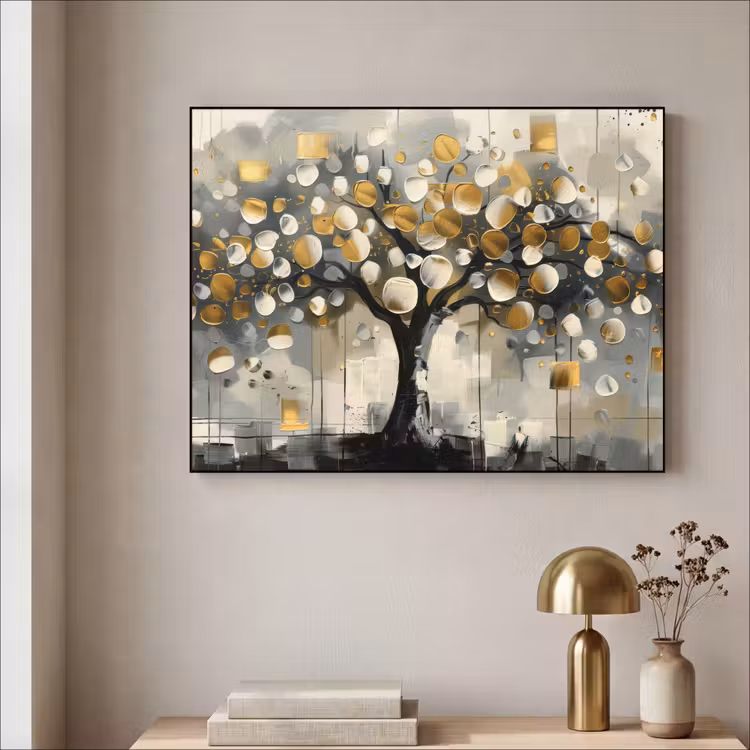 Boom - Abstract - Beige - Goud - Zwart Textielframe zwart klein -sfeer2