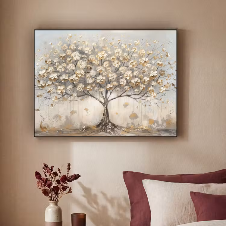 Boom - Beige - Goud - Verflook - Grijs Textielframe zwart klein -sfeer1