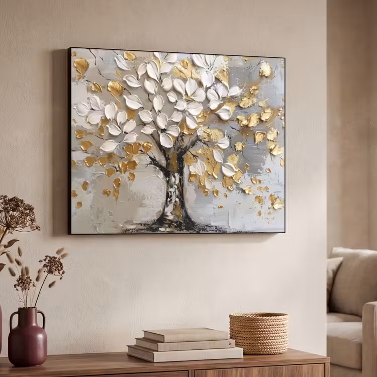Boom - Beige - Grijs - Goud - Abstract Textielframe zwart klein -sfeer3