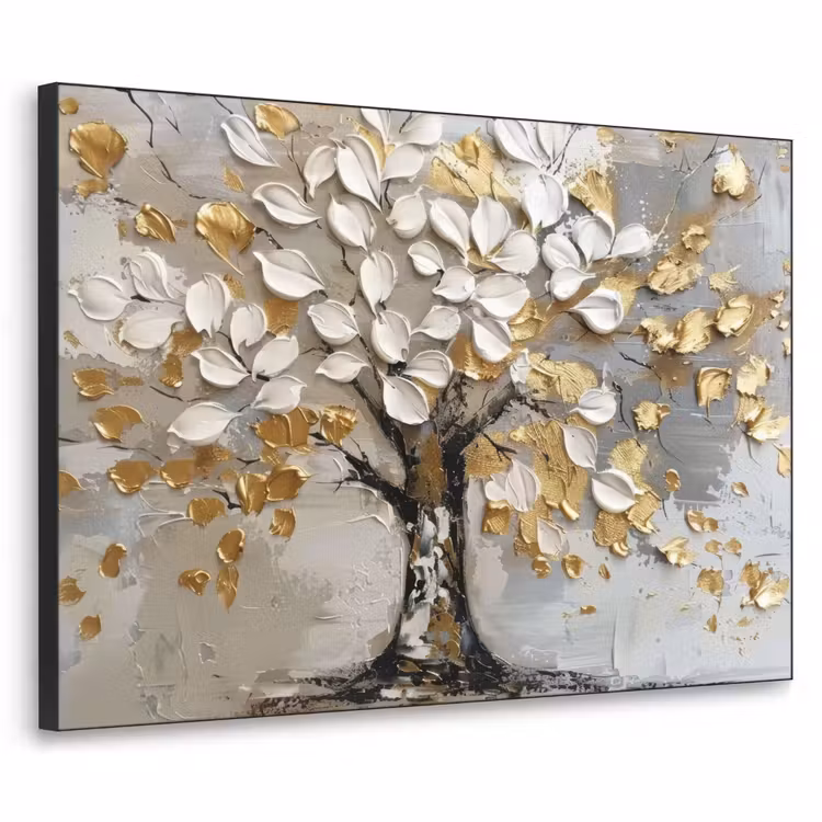 Boom - Beige - Grijs - Goud - Abstract Textielframe zwart klein -3d