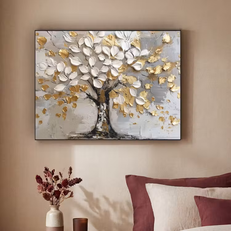Boom - Beige - Grijs - Goud - Abstract Textielframe zwart klein -sfeer1