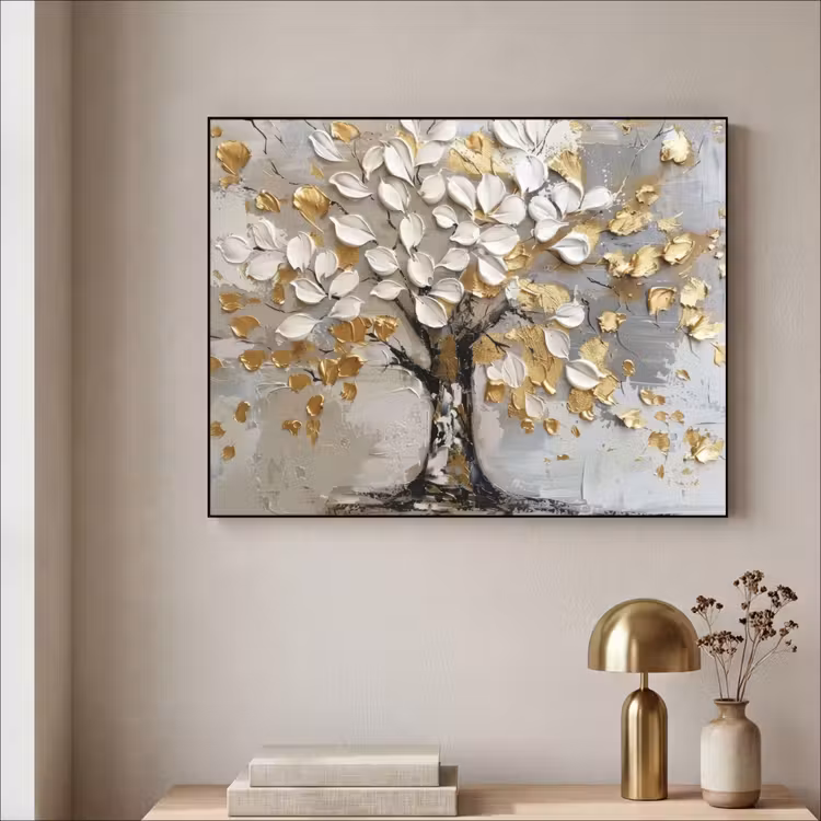 Boom - Beige - Grijs - Goud - Abstract Textielframe - compleet frame klein -sfeer2