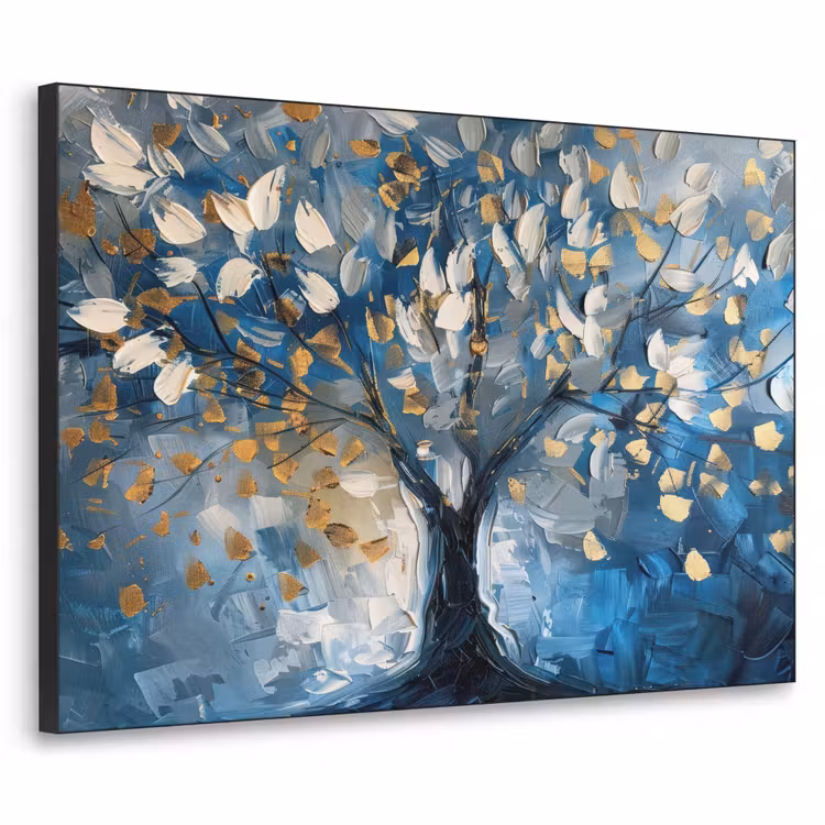 Boom - Blauw - Goud - Abstract Textielframe - compleet frame klein -3d