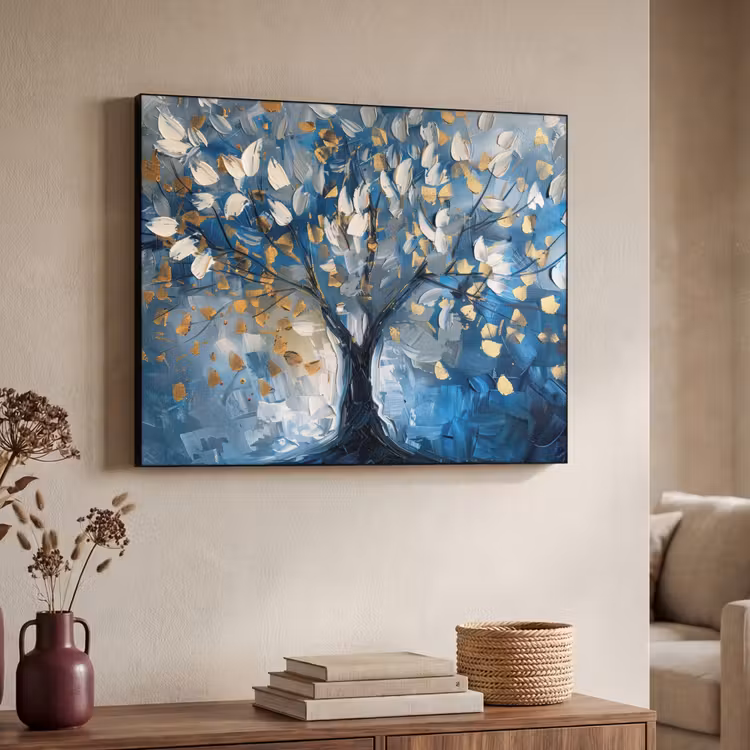 Boom - Blauw - Goud - Abstract Textielframe - compleet frame klein -sfeer3