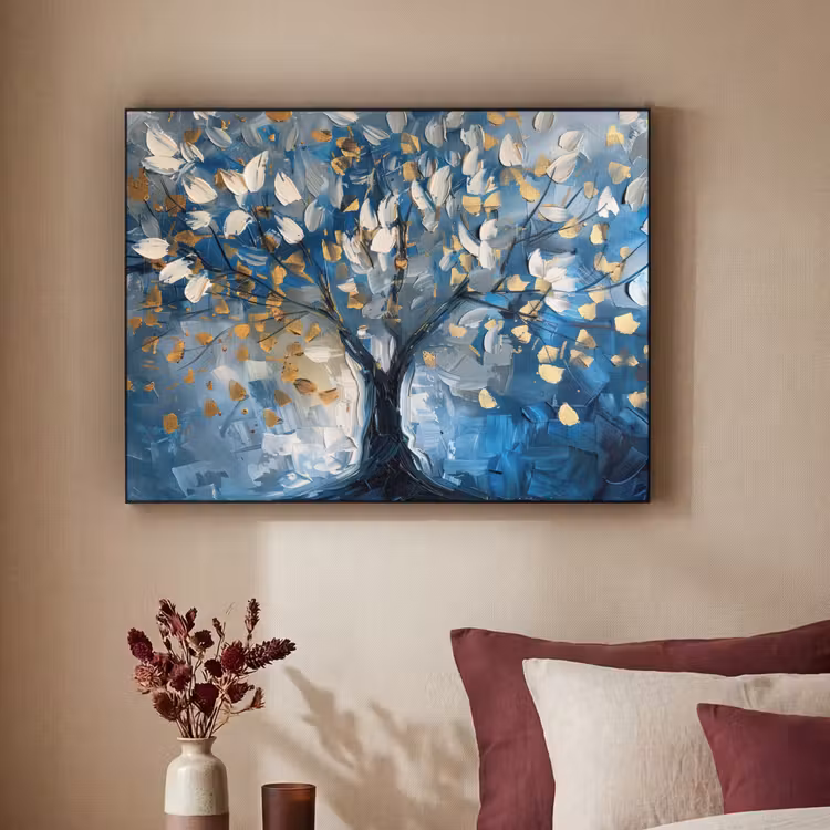 Boom - Blauw - Goud - Abstract Textielframe - compleet frame klein -sfeer1
