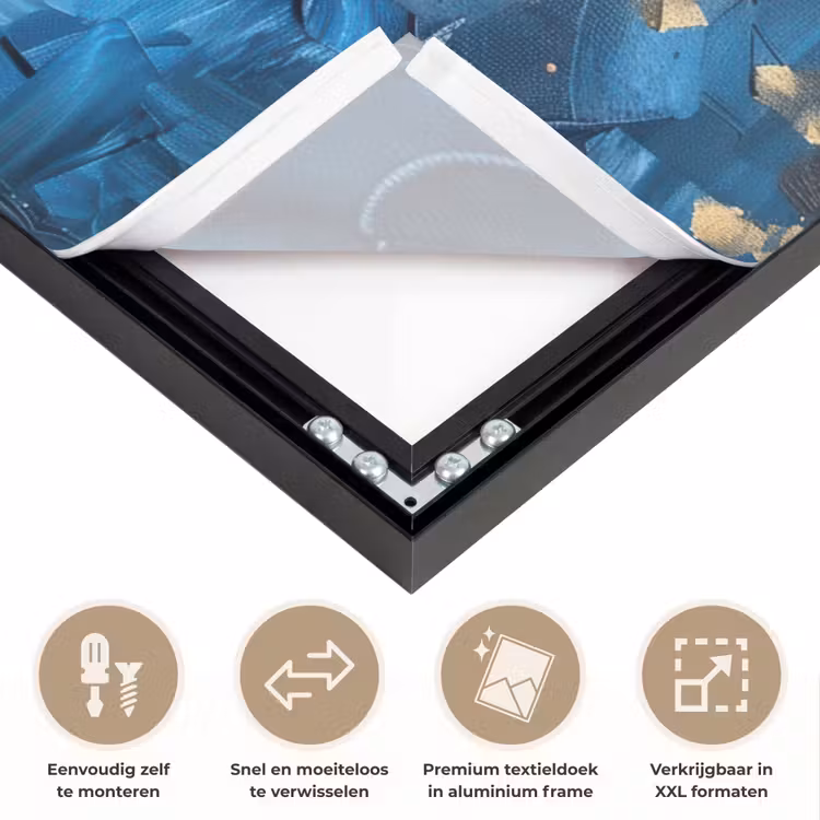 Boom - Blauw - Goud - Abstract Textielframe zwart klein -USP_closeupNL