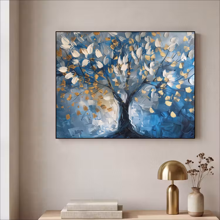 Boom - Blauw - Goud - Abstract Textielframe - compleet frame klein -sfeer2