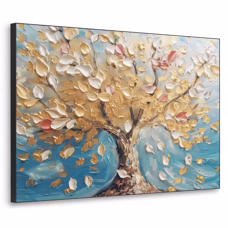 Boom - Blauw - Goud - Abstract - Modern Textielframe - compleet frame klein -3d