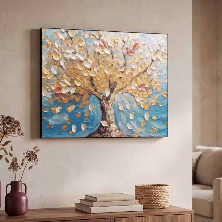 Boom - Blauw - Goud - Abstract - Modern Textielframe zwart klein -sfeer3