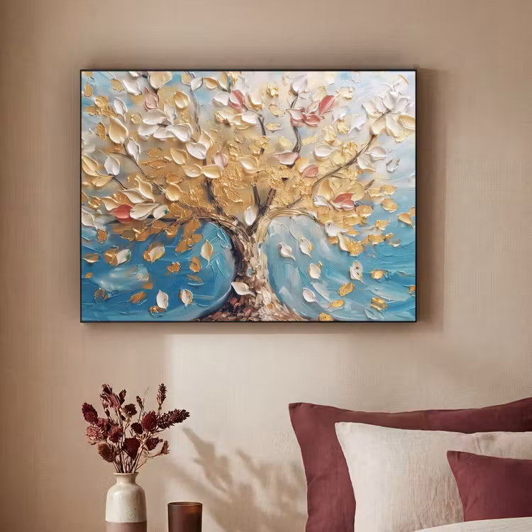 Boom - Blauw - Goud - Abstract - Modern Textielframe - compleet frame klein -sfeer1