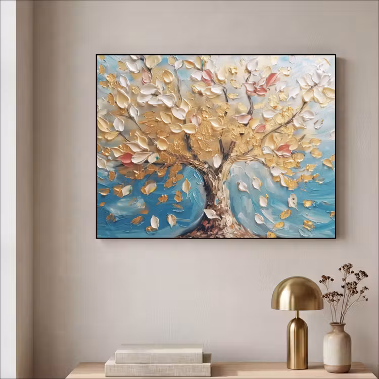 Boom - Blauw - Goud - Abstract - Modern Textielframe - compleet frame klein -sfeer2