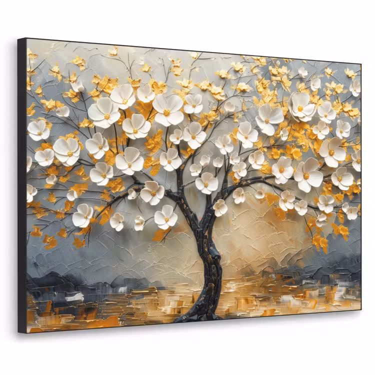 Boom - Bloemen - Goud - Beige Textielframe zwart klein -3d