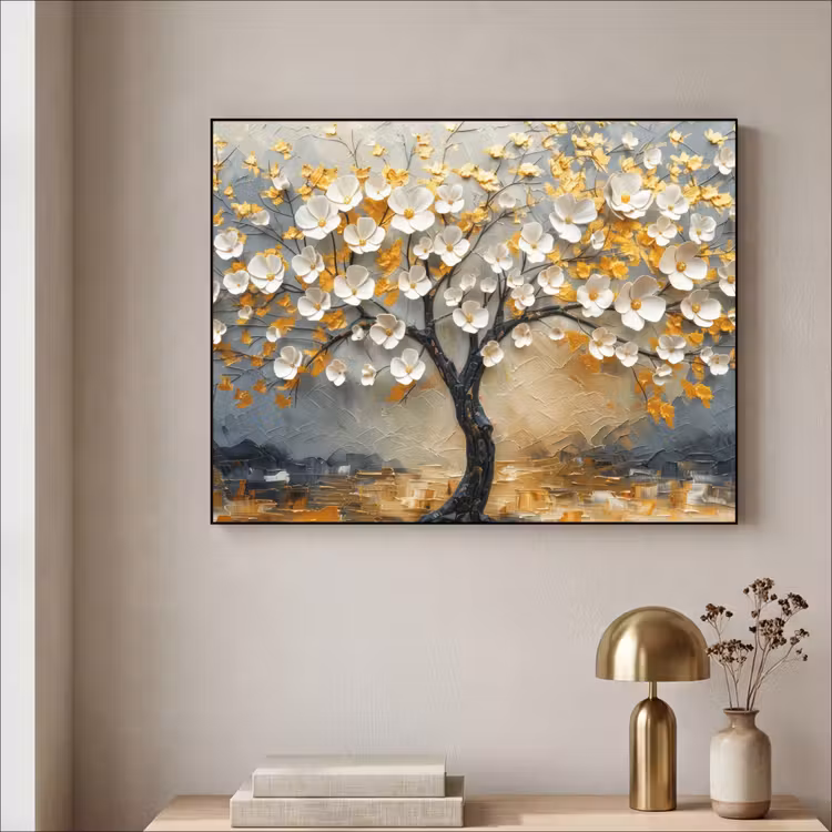 Boom - Bloemen - Goud - Beige Textielframe zwart klein -sfeer2