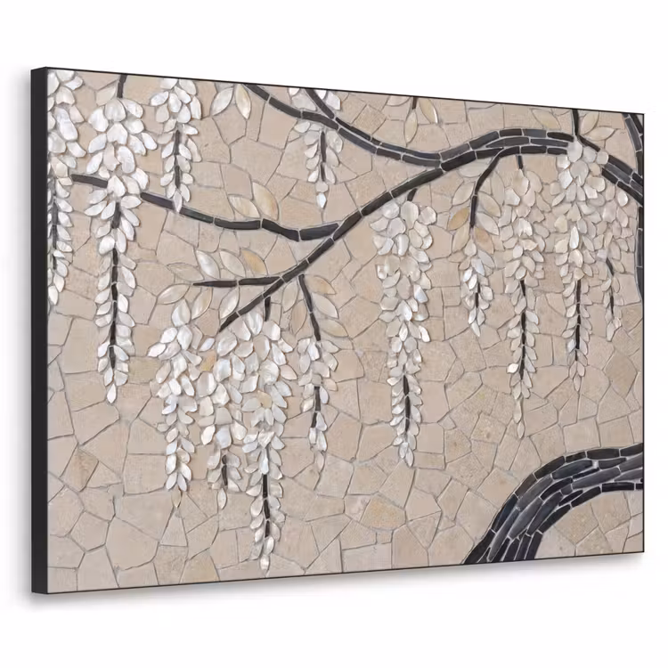 Boom - Bloemen - Mozaïek - Kunst - Wit Textielframe zwart klein -3d