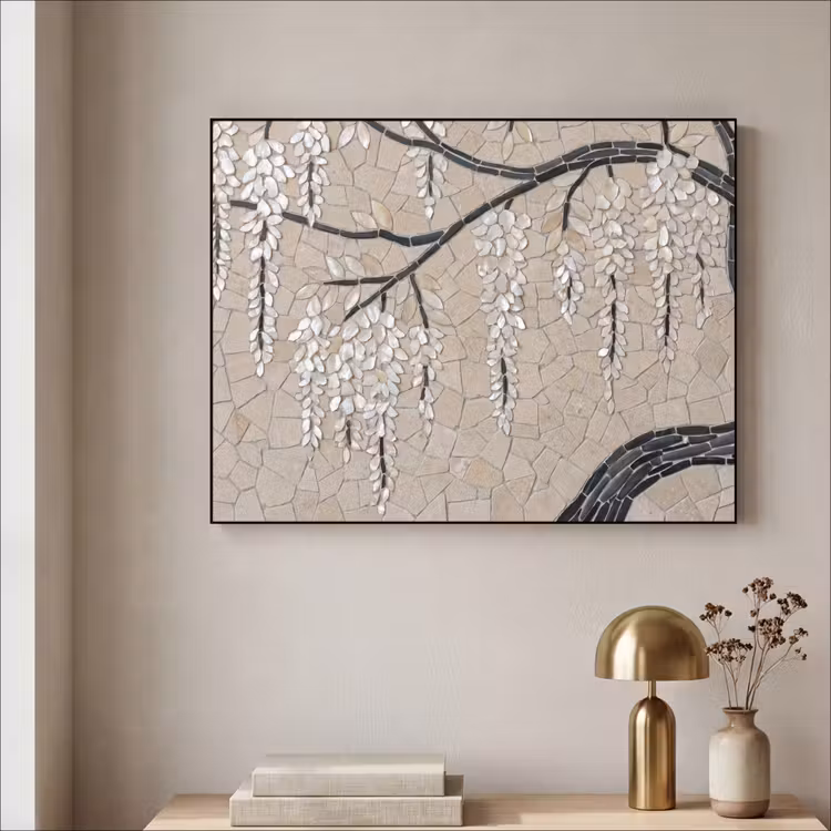 Boom - Bloemen - Mozaïek - Kunst - Wit Textielframe zwart klein -sfeer2