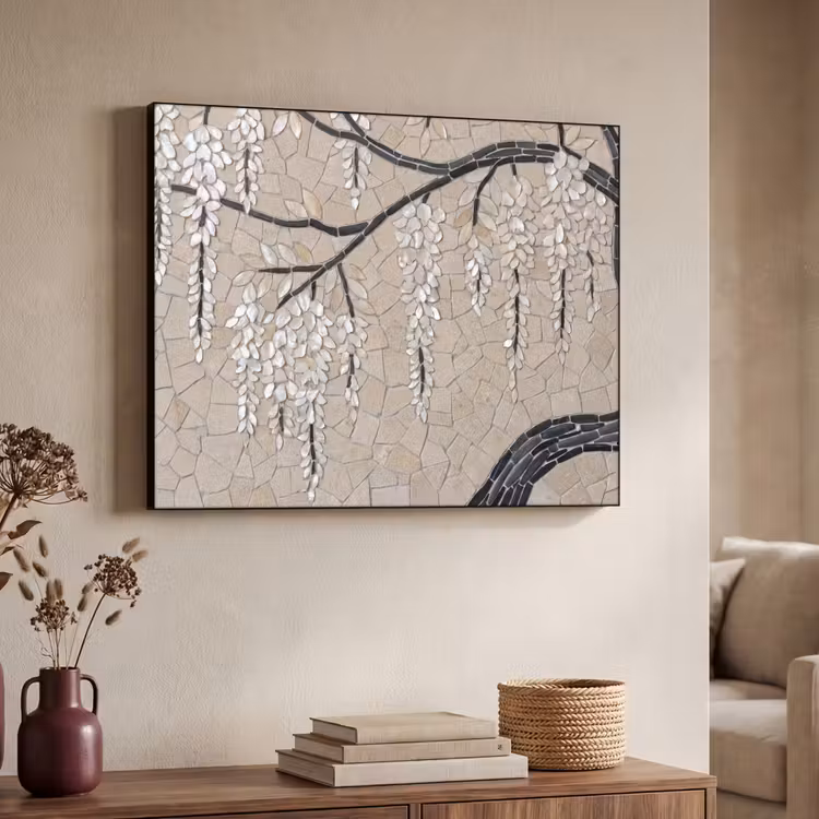 Boom - Bloemen - Mozaïek - Kunst - Wit Textielframe zwart klein -sfeer3