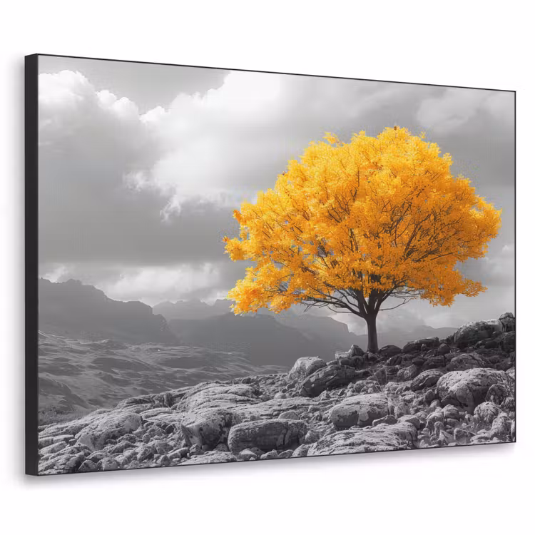 Boom - Geel - Natuur - Zwart wit Textielframe zwart klein -3d