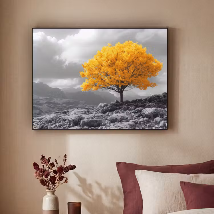 Boom - Geel - Natuur - Zwart wit Textielframe zwart klein -sfeer1