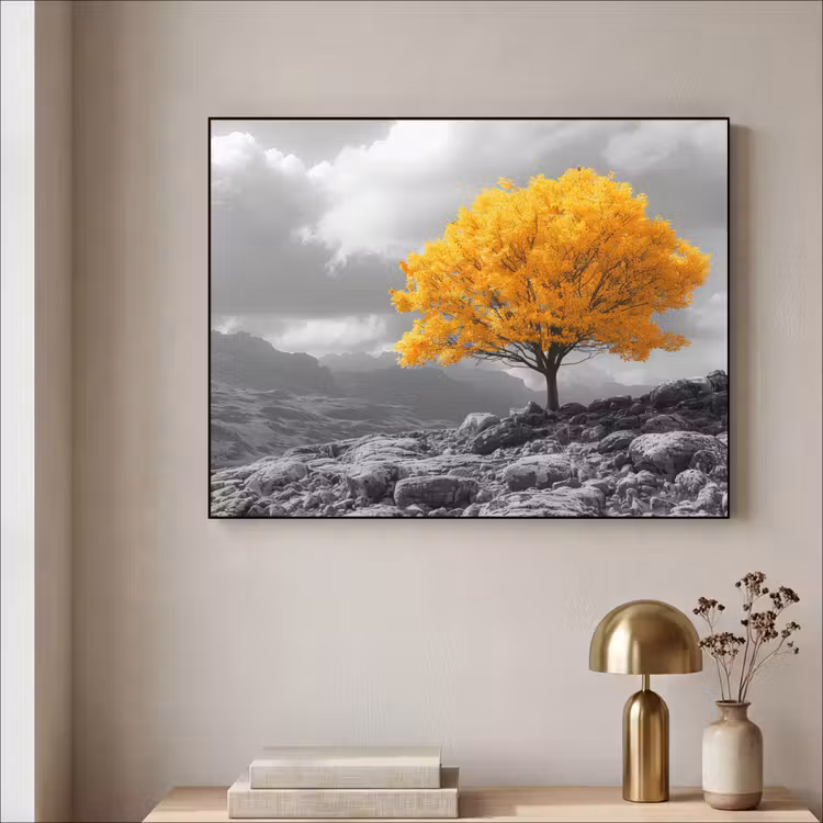 Boom - Geel - Natuur - Zwart wit Textielframe zwart klein -sfeer2
