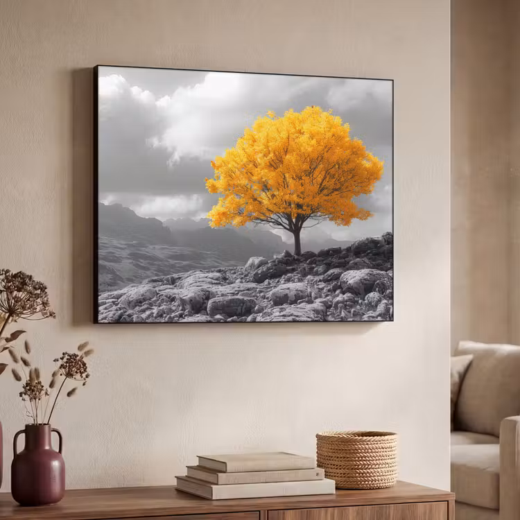 Boom - Geel - Natuur - Zwart wit Textielframe zwart klein -sfeer3
